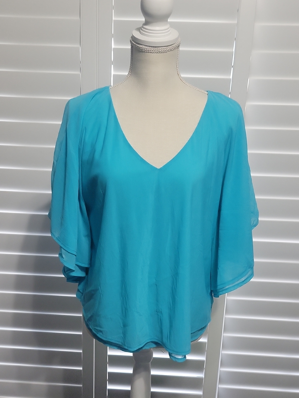 Jennifer Lopez Turquoise V-Neck Flutter Sleeve Blouse